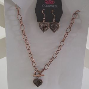 Paparazzi Bronze Heart Shape Necklace And Earrings